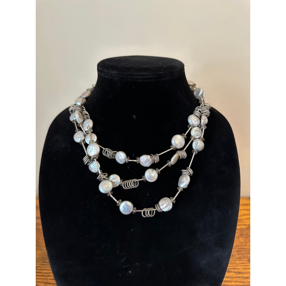 Silver Multi‎ Strand Coin Pearl Statement Necklace 17 Inch Tiered Boho Choker